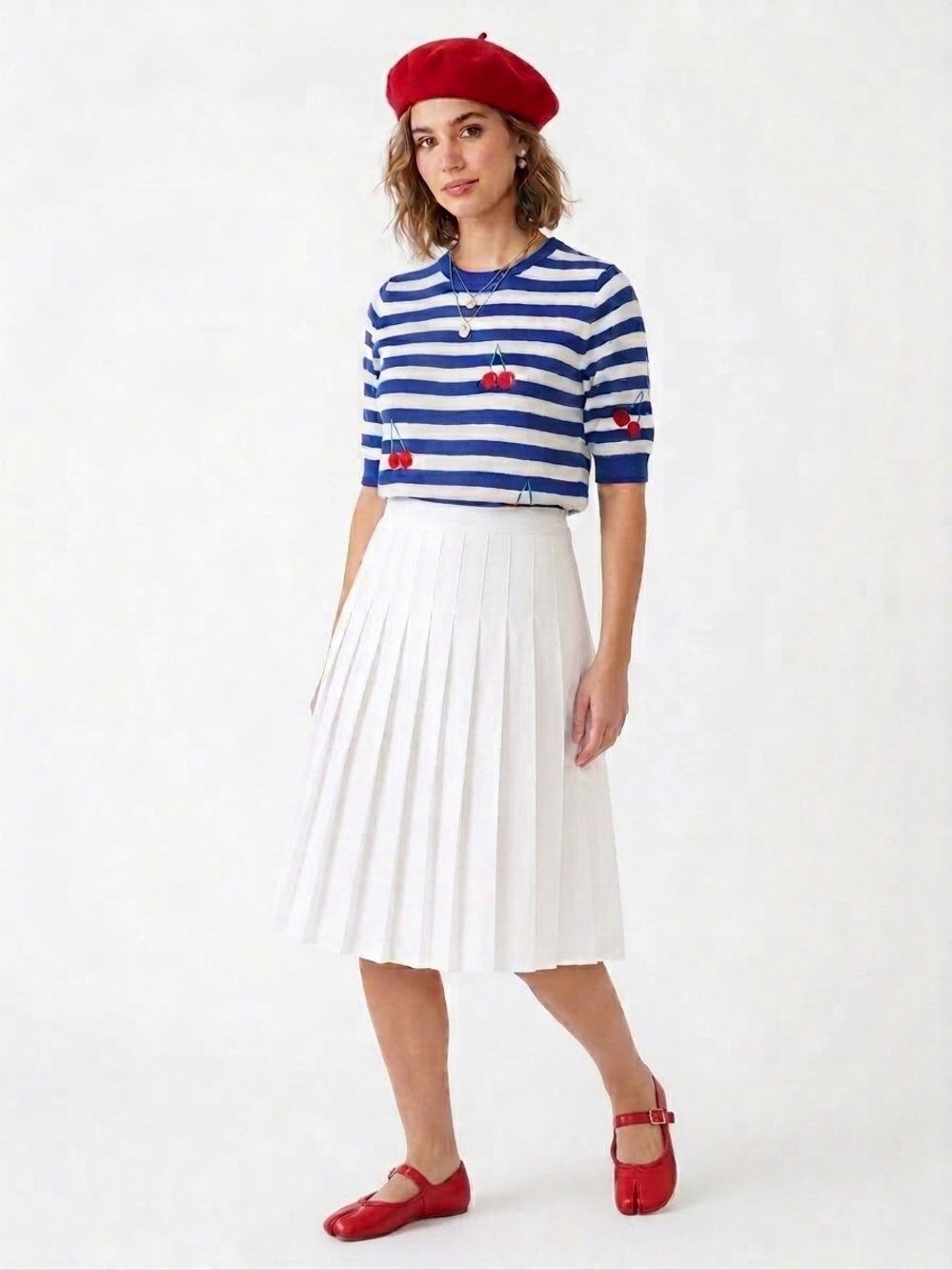 NWT Madison By Design Blue White Striped Cherry Embroidered Knit Sweater Top M